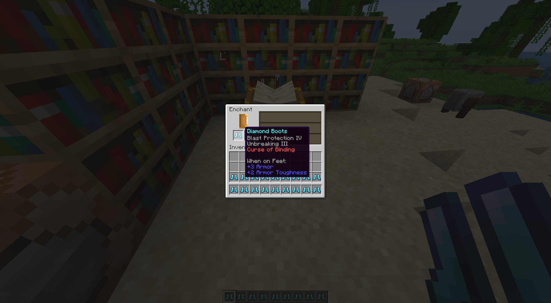 A Minecraft screenshot showing the player adding a curse to a pair of Diamond Boots via the Enchanting Table, functionality added by this mod.