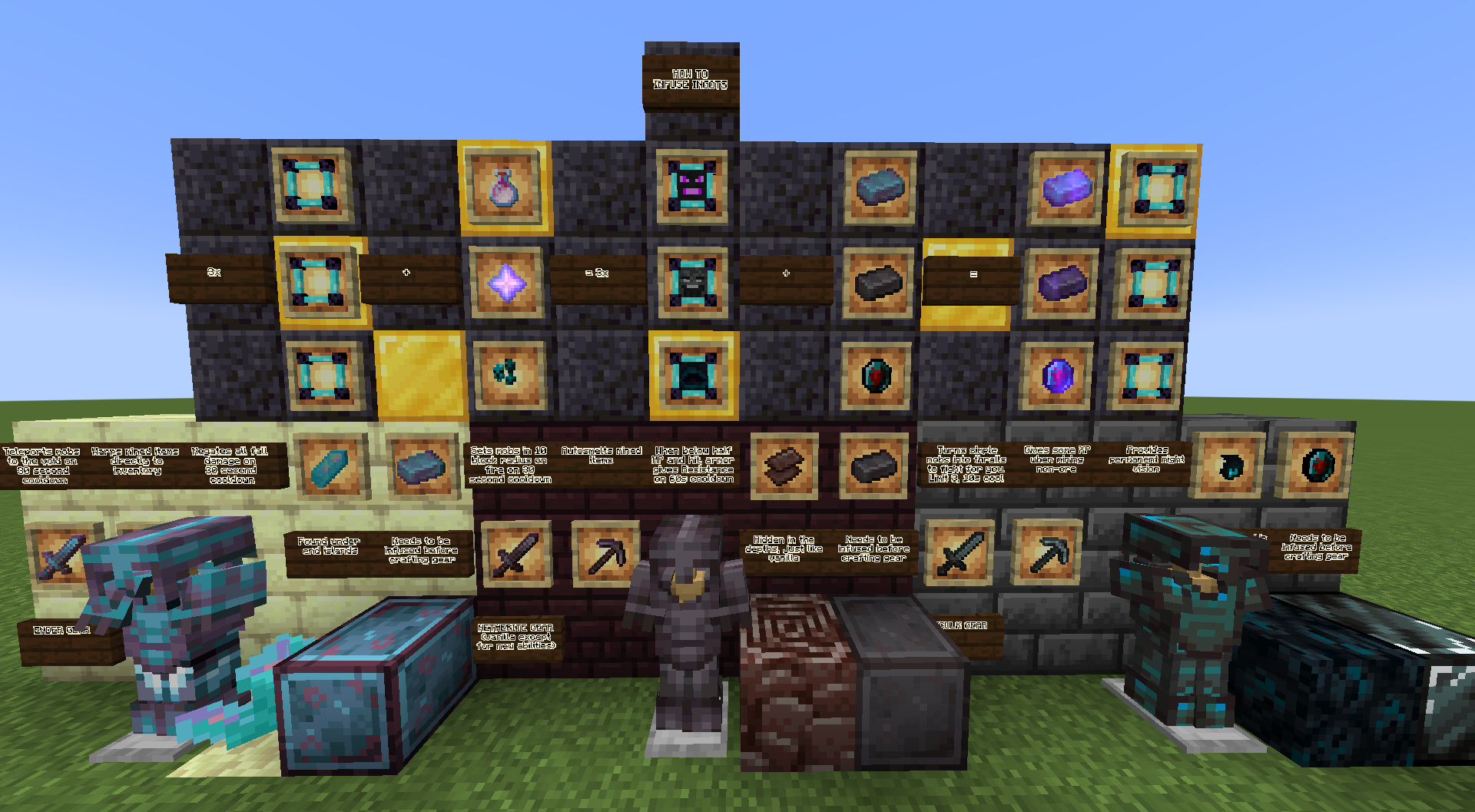 A Minecraft screenshot of a display of all the items, blocks, and armours added to the game by Endshards.