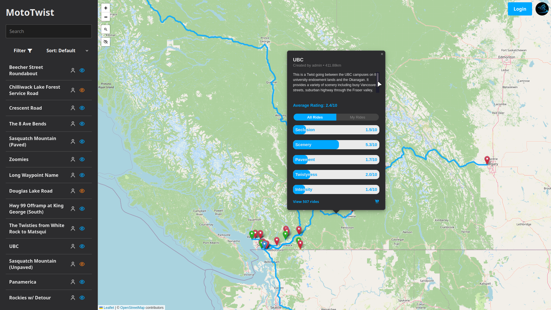 A screenshot of MotoTwist, depicting the main UI elements, the map and the sidebar, and focused on a 'Twist' in BC, Canada. Various information and ratings are shown for this 'Twist' via a map popup.