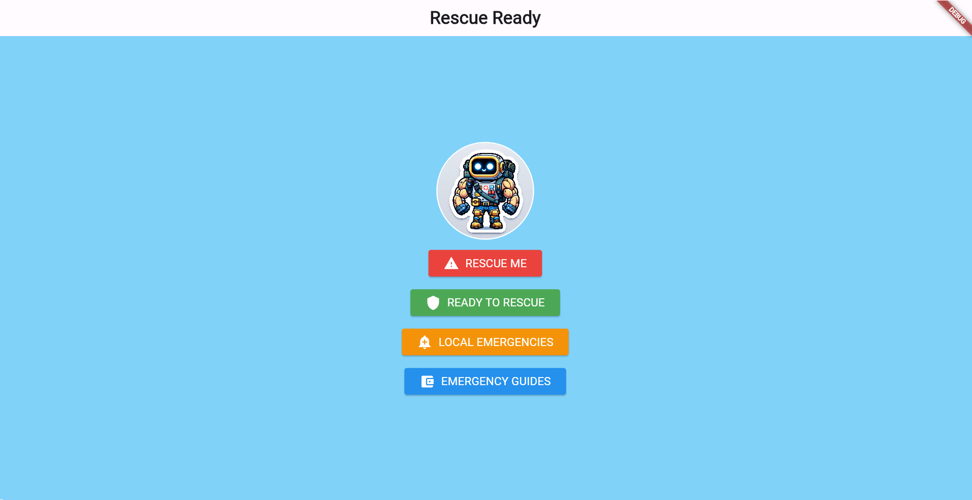 A screenshot of the main page of RescueReady, showing the main possible functions of the prototype app.
