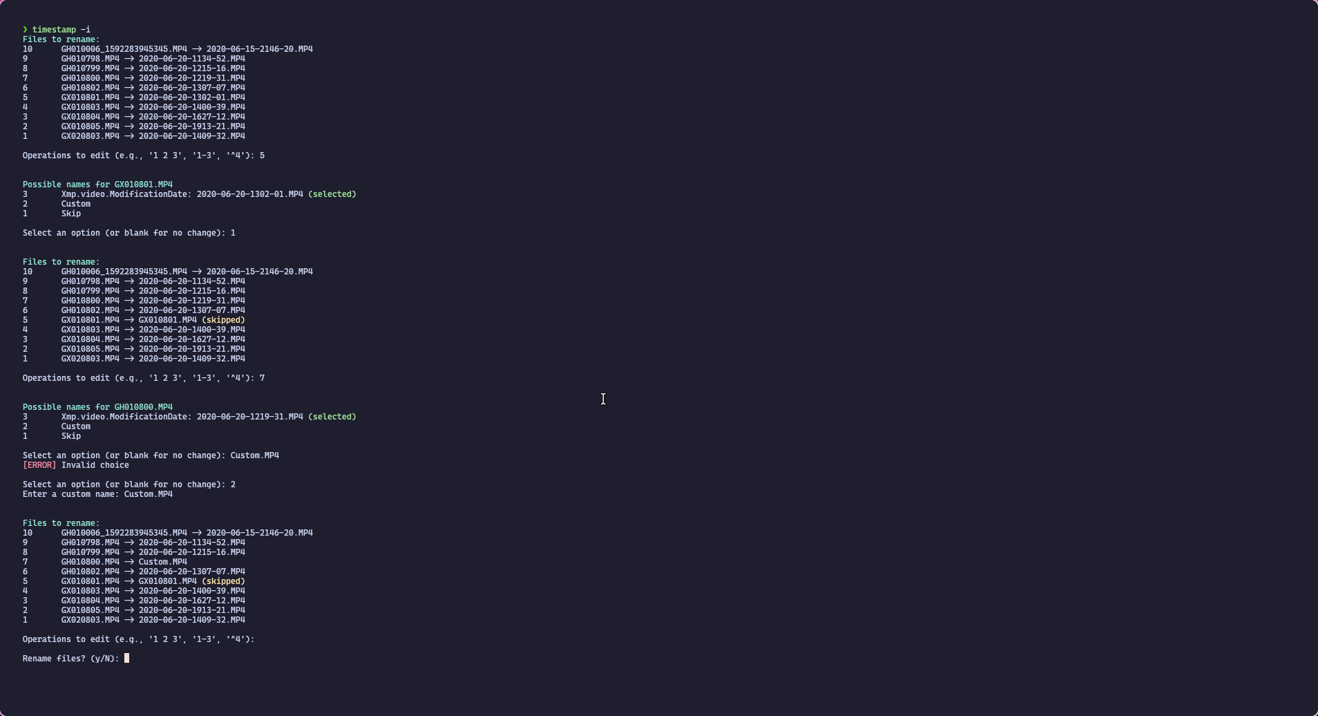 A screenshot of a terminal running Timestamp in interactive mode. It shows off the various ways Timestamp can be used.